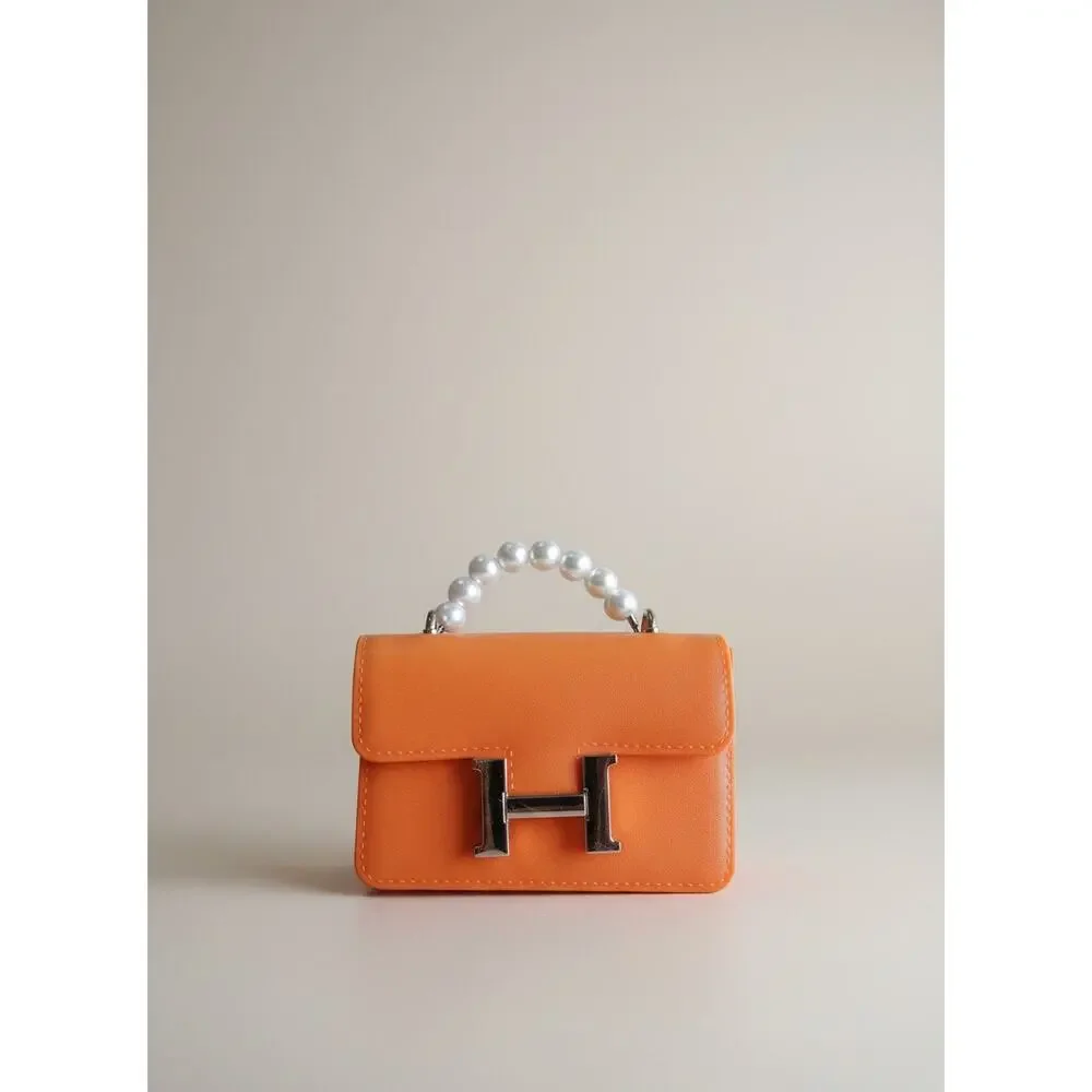 Girls Orange Mini Handbag Pearl Handle H Buckle Plastic Toy Purse